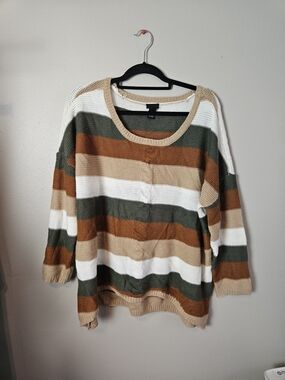 Striped Crewneck Sweater in White, Olive, Brown, and Tan